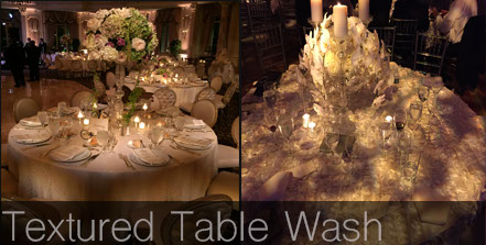 pin spot lighting, table wash, textured lighting, elegant, wedding lighting, party lighting